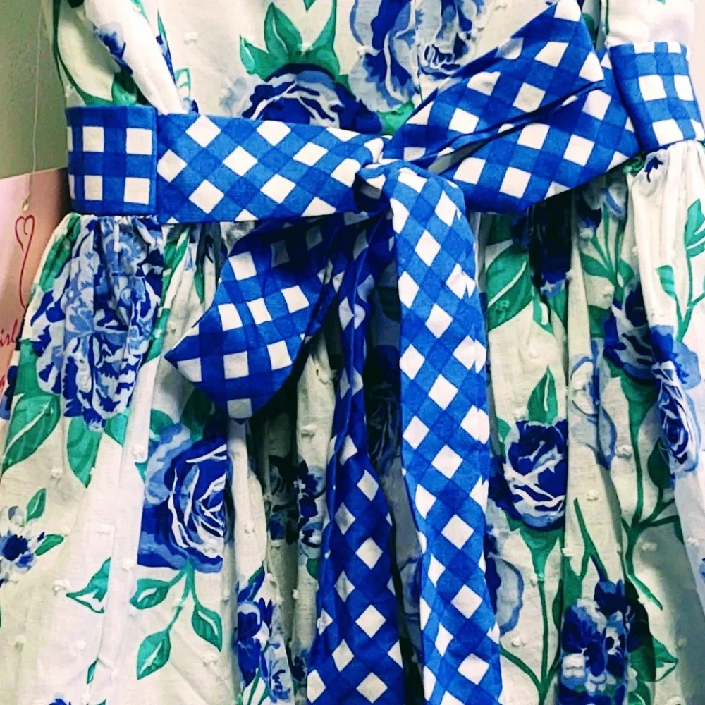 NWT NANNETTE GIRL BLUE/WHITE FLORAL POLY/COTTON PETTICOAT FLUTTER SLEEVE DRESS 5 - Picture 4 of 13